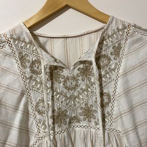 White and Beige Embroidered Long Sleeve Cotton Shirt / Blouse | Size M